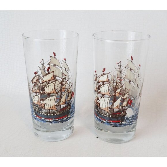 4 Vintage Galleon Ship Tumblers Drinking Glasses Pirate Ship Libbey Nautical - Picture 2 of 5